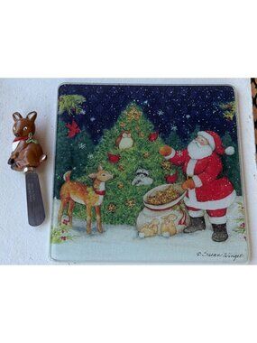 Susan Winget Christmas Santa Reindeer Glass Trivet Cheese Board w/Spreader